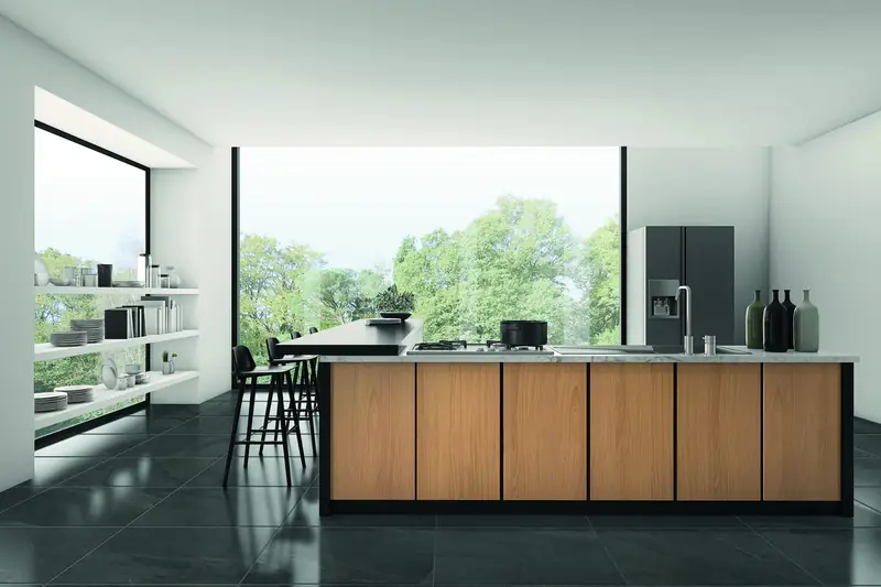 Renovated modern kitchen with anthracite 60x60 porcelain floor tiles