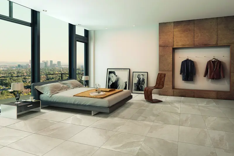 Bedroom with beige stone-effect 60x60 porcelain floor tiles